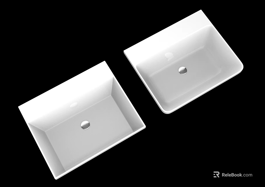 Two Modern White Square Bathroom Sinks With Smooth Surface And Drain Hole 3d model