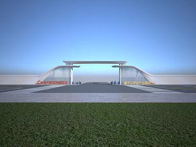 Modern Entrance Gate Architectural Design With Wide Plaza Green Lawn And Clear Blue Sky 3d model
