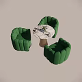 Modern Green Chairs And Round Marble Table Set With Beige Base And Decorative Flowers