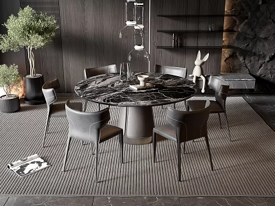 Modern Round Dining Table Set With Marble Top And Six Gray Leather Chairs 3d model