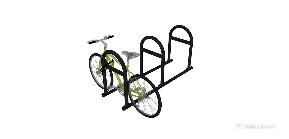 Green Bicycle Securely Parked On Black Metal Bicycle Parking Rack 3d model 