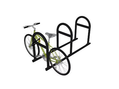 Green Bicycle Securely Parked On Black Metal Bicycle Parking Rack 3d model