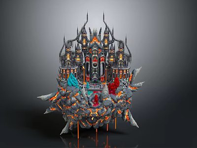 Cartoon Style Fantasy Castle Scene With Flaming Rocks Spires And Glowing Details 3d model