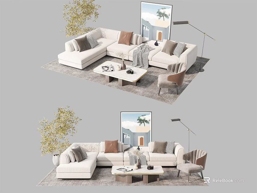 Modern White L-shaped Sofa And Wooden Coffee Table With Throw Pillows Floor Lamp Potted Plant And Decorative Rug 3d model 