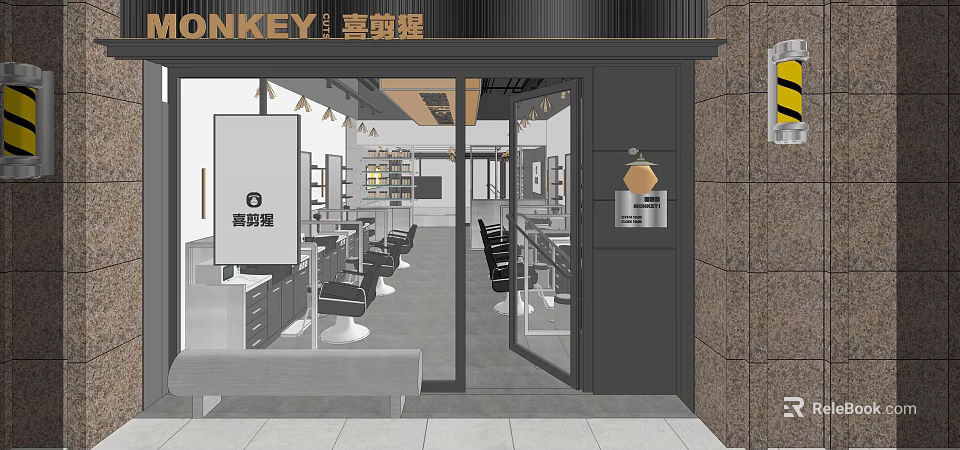 Modern Hair Salon Interior Exterior Design With Barber Chairs Mirrors Cabinets And Signage 3d model 