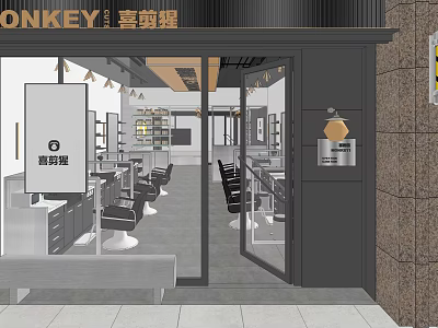 Modern Hair Salon Interior Exterior Design With Barber Chairs Mirrors Cabinets And Signage 3d model