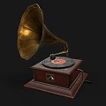 Vintage Daily Use Electrical Appliance Gramophone With Brass Horn Wooden Base And Vinyl Record