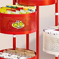 Red Multi Tier Storage Rack With Mesh Baskets And Cartoon Patterns In Kids Room