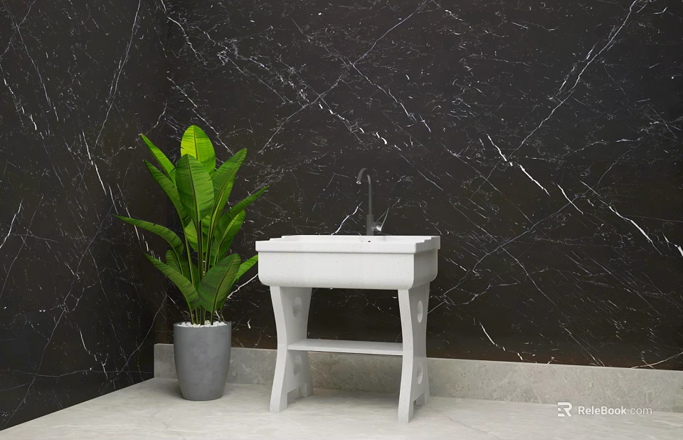 Stylish White Washbasin with Black Marble Wall and Green Plant in Bathroom 3d model 