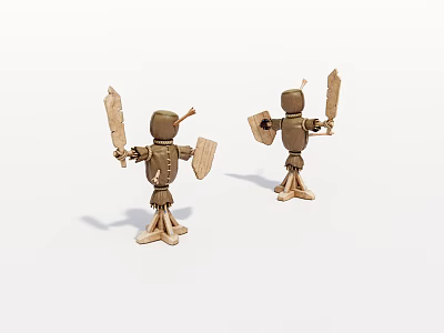 Two Wooden Robot Figures With Shields And Weapons Standing On White Surface 3d model