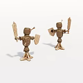 Two Wooden Robot Figures With Shields And Weapons Standing On White Surface