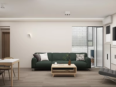Modern Living Dining Room Interior With Green Sofa Wooden Coffee Table And Dining Chairs 3d model