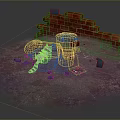 Broken Red Brick Wall Scene With Scattered Pieces And Raccoon Figure On Concrete Ground