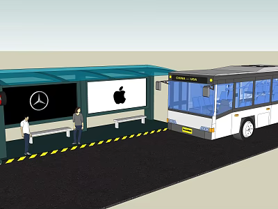 Bus Stop Scene with White Bus Mercedes and Apple Logos and People Waiting 3d model