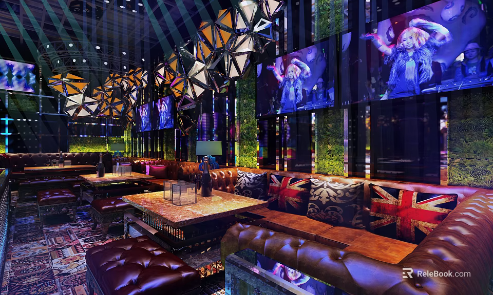 Elegant Bar Interior Featuring Leather Sofas Union Jack Cushions Large Screens And Green Walls 3d model 