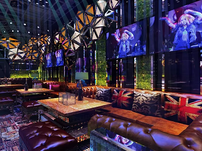 Elegant Bar Interior Featuring Leather Sofas Union Jack Cushions Large Screens And Green Walls 3d model