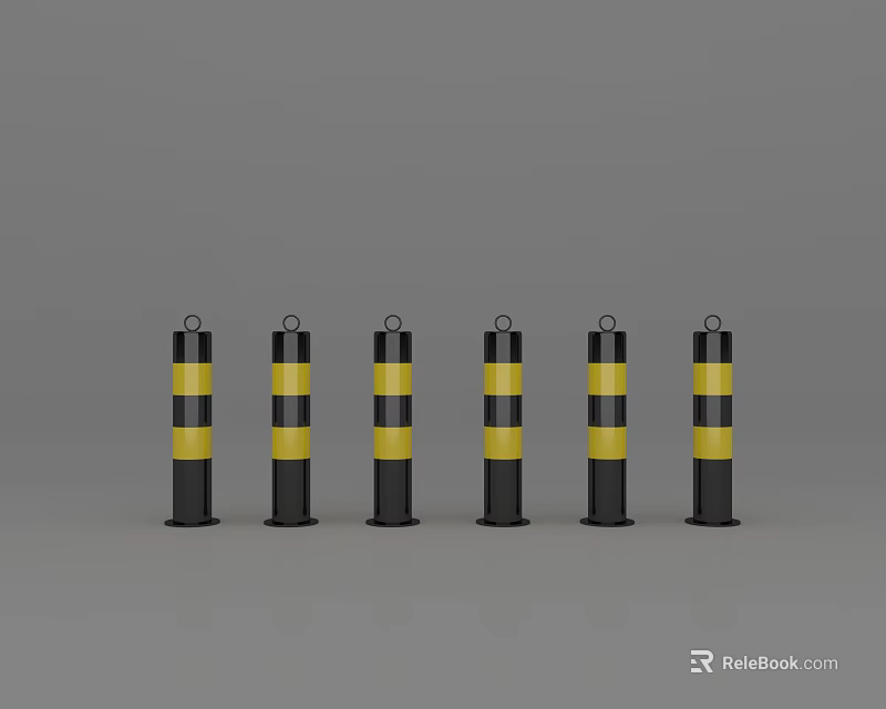 Public Traffic Safety Bollards With Black And Yellow Stripes Arranged Six In A Row 3d model 