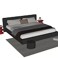Modern Leather Double Bed With White Sheets Striped Blanket Pillows And Red Side Table 3d model