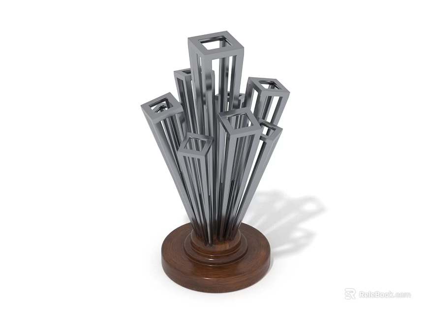 Modern Decorative Ornament Set Featuring Metal Cube Frames And Wooden Base 3d model 