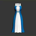 Elegant Blue and White Sleeveless Dress with High Neck and Yellow Belt