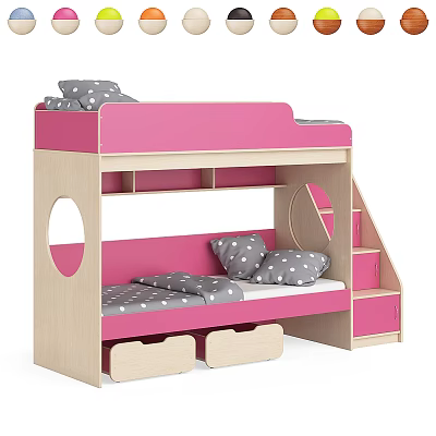 Pink Wooden Bunk Bed with Ladder Drawers Circular Cutouts and Grey Polka Dot Pillows 3d model