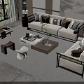Elegant Modern Living Room Sofa Coffee Table Set With Pillows Rug And Side Stools 3d model