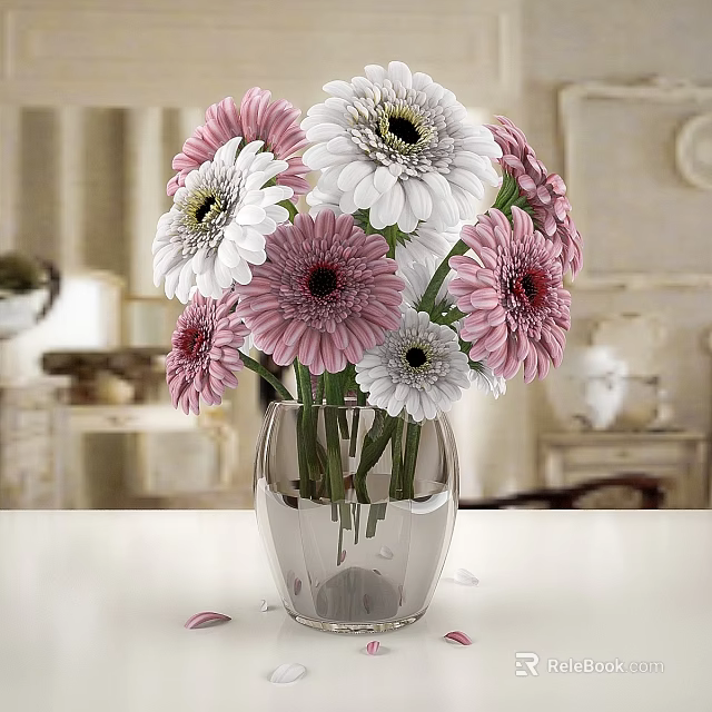 Transparent Glass Vase with Pink and White Flowers for Indoor Table Decoration 3d model 