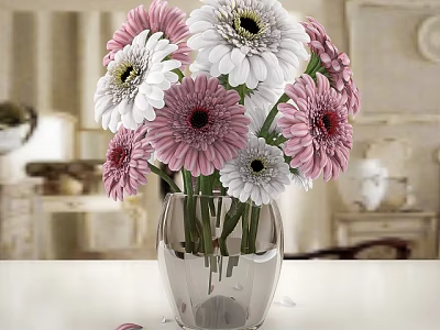 Transparent Glass Vase with Pink and White Flowers for Indoor Table Decoration 3d model
