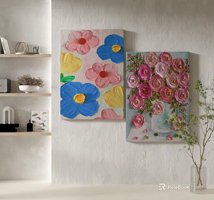 Colorful Floral Textured Paintings As Living Room Wall Decor With Bookshelf And Green Plants 3d model 