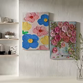 Colorful Floral Textured Paintings As Living Room Wall Decor With Bookshelf And Green Plants