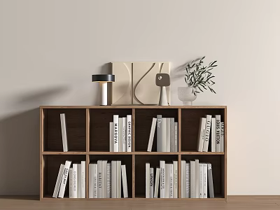 Wooden Bookcase With Multiple Compartments Filled With Books And Decorative Items On Top 3d model