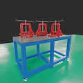 Three Red Bench Vices Placed On Blue Metal Workbench For Hardware Tools 3d model