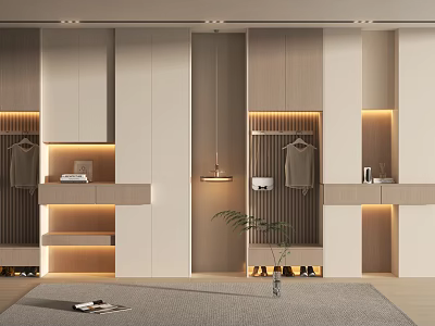 Modern Beige Shoe Cabinet With Wooden Panels Hanging Rack LED Lighting And Storage Shelves 3d model