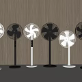 Multiple Standing Fans In White And Black Arranged Against Vertical Striped Wall On Gray Floor