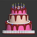Two Tiered Birthday Cake With Pink Frosting Drizzle White Bead Border Colorful Sprinkles And Candles