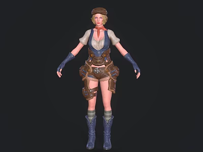 A Woman In Vintage Inspired Outfit With Cap Vest Gloves And Leather Boots 3d model