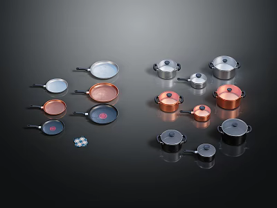 Assorted Kitchen Cookware Collection With Copper Silver Black Pans And Covered Pots 3d model
