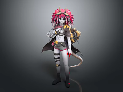 3D Character Design With Pink Spiked Hair White Skin Mechanical Backpack And Tail 3d model