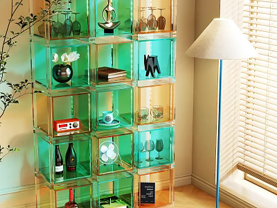 Modern Living Room Display Shelf Unit With Green Glass Compartments And Decorative Items 3d model