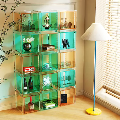 Modern Living Room Display Shelf Unit With Green Glass Compartments And Decorative Items 3d model