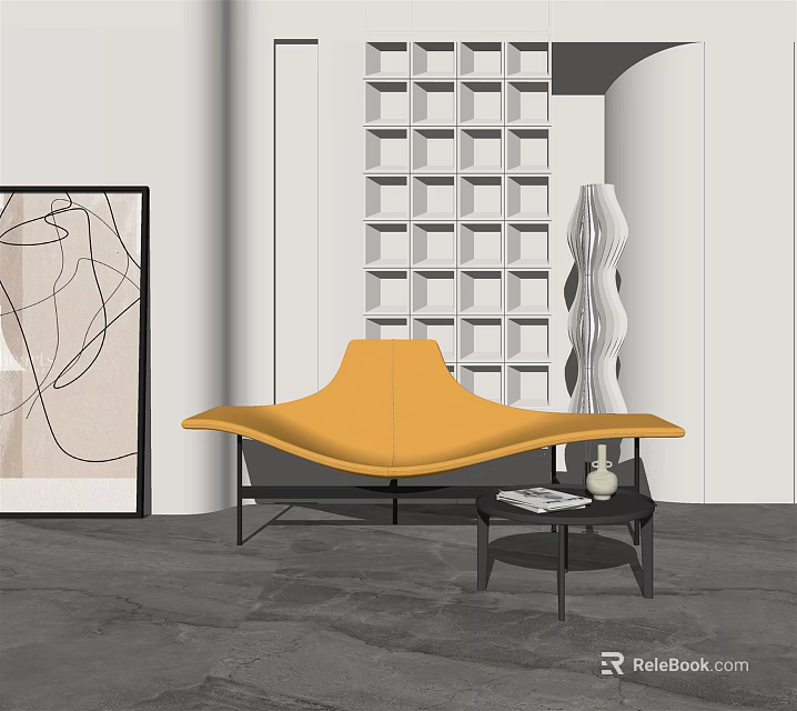 Modern Yellow Curved Leisure Chair With Side Table White Grid Partition And Abstract Painting 3d model 