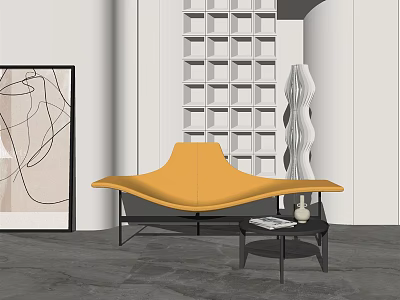 Modern Yellow Curved Leisure Chair With Side Table White Grid Partition And Abstract Painting 3d model