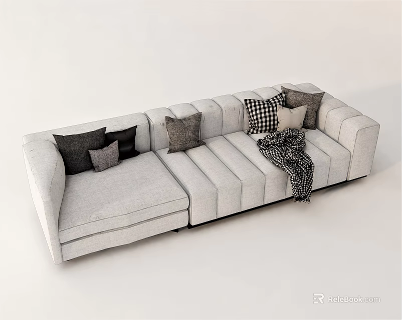 Gray Sectional Sofa with Multiple Decorative Pillows and Plaid Throw Blanket 3d model