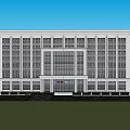 White Office Building Exterior With Classical Columns Large Glass Windows And Front Lawn