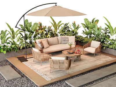 Outdoor Sofa With Green Plants Umbrella Coffee Table And Wooden Deck Chairs 3d model