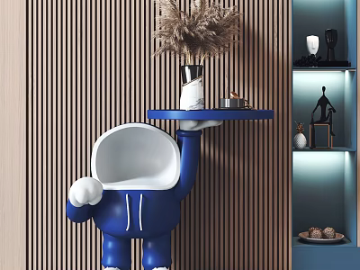 Blue Cartoon Like Sculpture Holding Tray With Vase Against Wooden Striped Wall And Shelf Decor 3d model