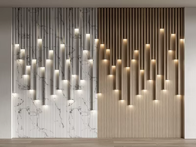 Modern Accent Wall With Gray Marble Texture And Wooden Slats Featuring Vertical Illuminated Light Strips 3d model