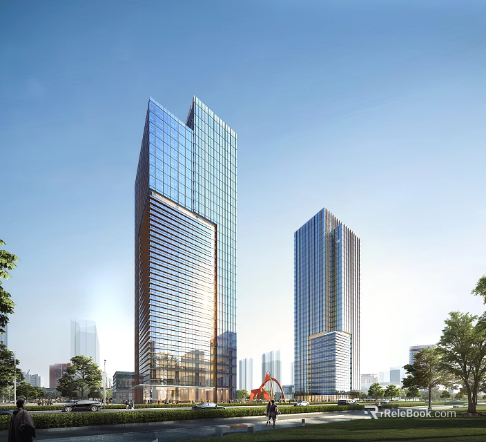 Modern High Rise Office Building With Glass Curtain Wall And Urban Greenery 3d model 