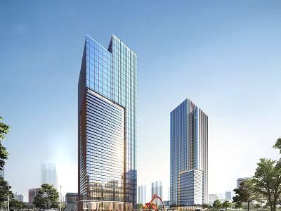 Modern High Rise Office Building With Glass Curtain Wall And Urban Greenery 3d model