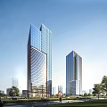 Modern High Rise Office Building With Glass Curtain Wall And Urban Greenery